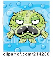 Poster, Art Print Of Grumpy Green Blowfish On A Bubbly Blue Background