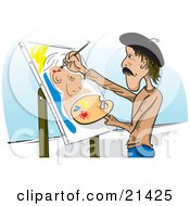 Clipart Illustration Of A Man Holding A Paint Palette And Using A Brush To Paint A Mans Portrait On Canvas