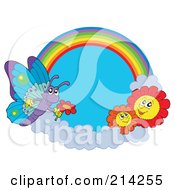 Poster, Art Print Of Butterfly And Flowers Near A Rainbow In The Sky