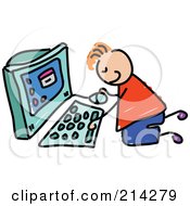 Poster, Art Print Of Childs Sketch Of A Boy Using A Computer