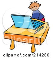 Poster, Art Print Of Childs Sketch Of A Boy Using A Laptop