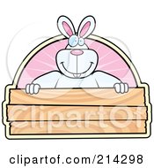 Royalty Free RF Clipart Illustration Of A Big White Rabbit Smiling Over A Blank Wooden Sign