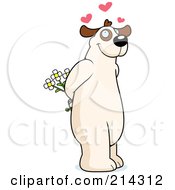 Big Dog Standing On His Hind Legs And Holding Flowers Behind His Back