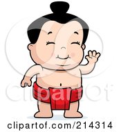 Royalty Free RF Clipart Illustration Of A Cute Baby Sumo Wrestler Waving
