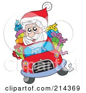 Poster, Art Print Of Santa Driving A Car Full Of Gifts