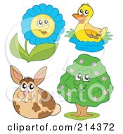 Royalty Free RF Clipart Illustration Of A Digital Collage Of A Rabbit Flower Duck And Tree
