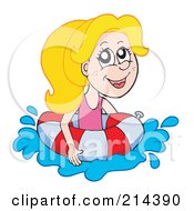 Blond Summer Girl Swimming With A Life Buoy