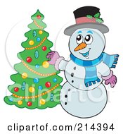 Royalty Free RF Clipart Illustration Of A Wintry Snowman Trimming A Tree