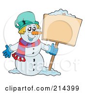 Poster, Art Print Of Wintry Snowman With A Blank Sign - 1