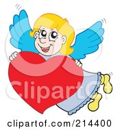 Poster, Art Print Of Cute Blond Cupid Girl With A Big Red Heart