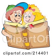 Royalty Free RF Clipart Illustration Of A Boy And Girl Reading A Big Book
