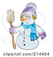 Poster, Art Print Of Wintry Snowman Holding Up A Broom