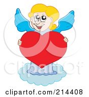 Poster, Art Print Of Cute Blond Cupid Girl Holding A Big Red Heart