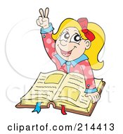 Royalty Free RF Clipart Illustration Of A Smart School Girl Raising Her Hand And Reading A Book