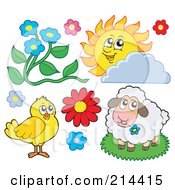 Poster, Art Print Of Digital Collage Of Flowers A Sun Chick And Sheep