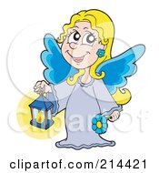 Poster, Art Print Of Blond Angel Girl With Blue Wings Holding A Lantern