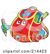 Royalty Free RF Clipart Illustration Of A Red School Bag Character Holding A Pencil