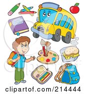 Royalty Free RF Clipart Illustration Of A Digital Collage Of A School Boy With A Bus And Items
