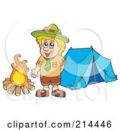 Poster, Art Print Of Happy Scout Standing By A Camp Fire