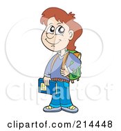 Poster, Art Print Of School Boy Standing With A Book And Bag