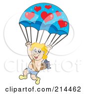 Poster, Art Print Of Cute Blond Cupid With A Heart Parachute
