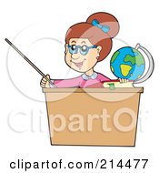Female Teacher Using A Pointer Stick At Her Desk