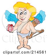 Poster, Art Print Of Cute Blond Cupid Holding Out A Gift
