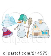Royalty Free RF Clipart Illustration Of A Digital Collage Of A Snowman House And Trees