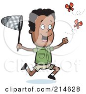 Black Boy Chasing Two Butterflies With A Net