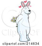 Royalty Free RF Clipart Illustration Of A Big White Rabbit Standing On His Hind Legs And Holding Flowers by Cory Thoman