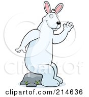 Royalty Free RF Clipart Illustration Of A Big White Rabbit Sitting On A Rock And Waving