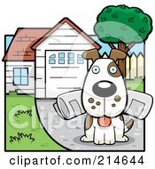 Poster, Art Print Of Dog Sitting In A Driveway With A Newspaper In His Mouth