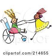 Poster, Art Print Of Childs Sketch Of A Girl In A Wheelchair Playing With Her Friend