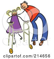 Childs Sketch Of A Father Helping A Girl Use A Walker