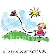 Poster, Art Print Of Childs Sketch Of A Girl Flying A Kite By A Hill