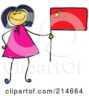 Childs Sketch Of A Chinese Girl Holding A Flag