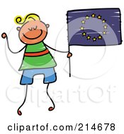 Childs Sketch Of A Boy Holding A European Flag