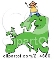 Poster, Art Print Of Childs Sketch Of A Happy European Boy On A Map Of Asia