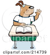 Poster, Art Print Of School Dog Raising His Hand And Sitting At A Desk