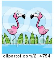 Flamingo Pair Wading In A Pond