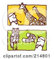 Digital Collage Of Stick Men Watching Giraffes And An Owl