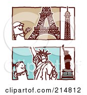 Digital Collage Of Stick Tourists Viewing The Eiffel Tower And Statue Of Liberty
