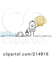 Poster, Art Print Of Stick Man Shell Collecting On A Beach