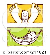 Royalty Free RF Clipart Illustration Of A Digital Collage Of Stick Business Men With Their Feet Up And In A Hammock