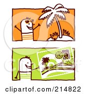 Digital Collage Of Stick Men By A Palm Tree And Post Card