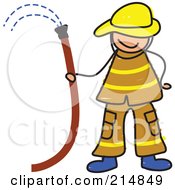 Royalty Free RF Clipart Illustration Of A Childs Sketch Of A Fireman Holding A Hose