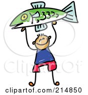 Poster, Art Print Of Childs Sketch Of A Boy Holding Up A Fish