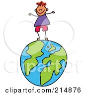 Poster, Art Print Of Childs Sketch Of A Happy Boy Standing On A Globe