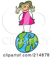 Poster, Art Print Of Childs Sketch Of A Happy Girl Standing On A Globe