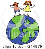 Poster, Art Print Of Childs Sketch Of Two Children Holding Hands On A Globe